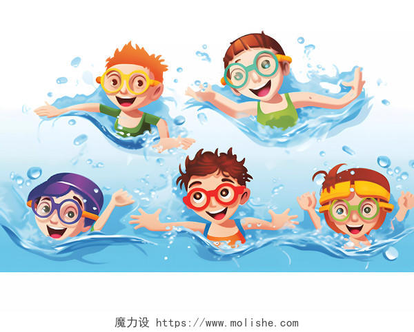 游泳招生插画风格夏天夏季儿童游泳的场景